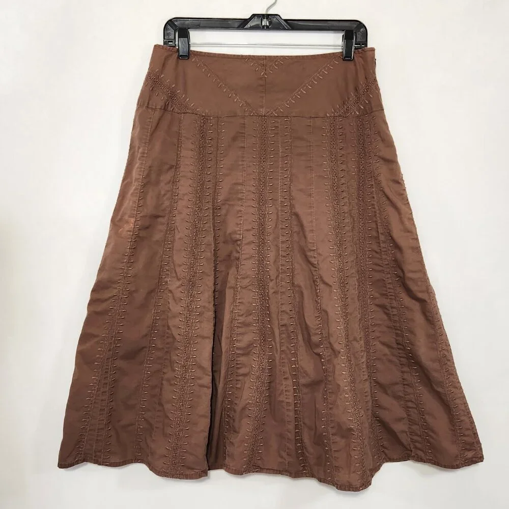 J. Jill Women’s Size 10P Dark Brown A-line Embroidered Lined Cotton MIDI Skirt